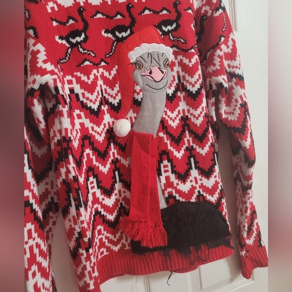 NWOT Women's Ugly Christmas Sweater Size Large Ostrich Santa W/ Fur Red - Picture 3 of 4